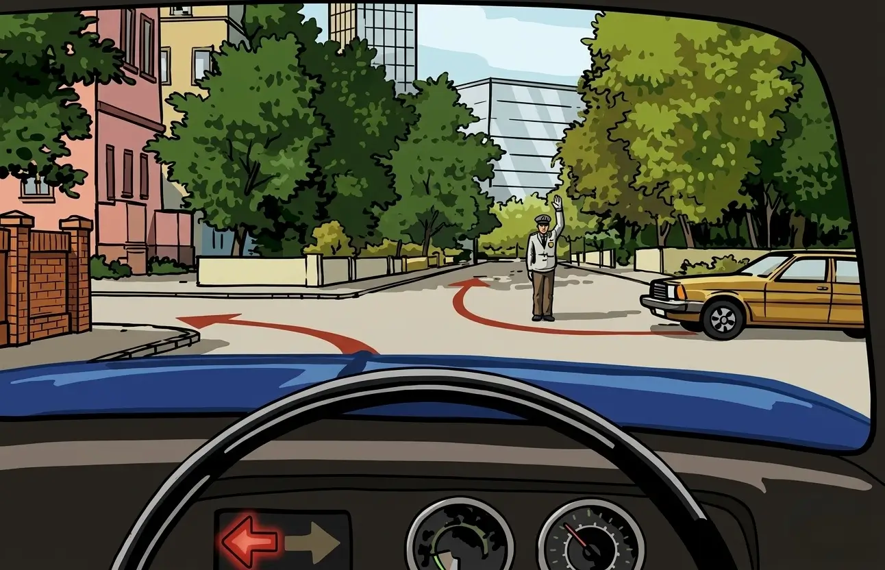 Driver's view at a crossroads with a police officer directing traffic and a yellow car ahead